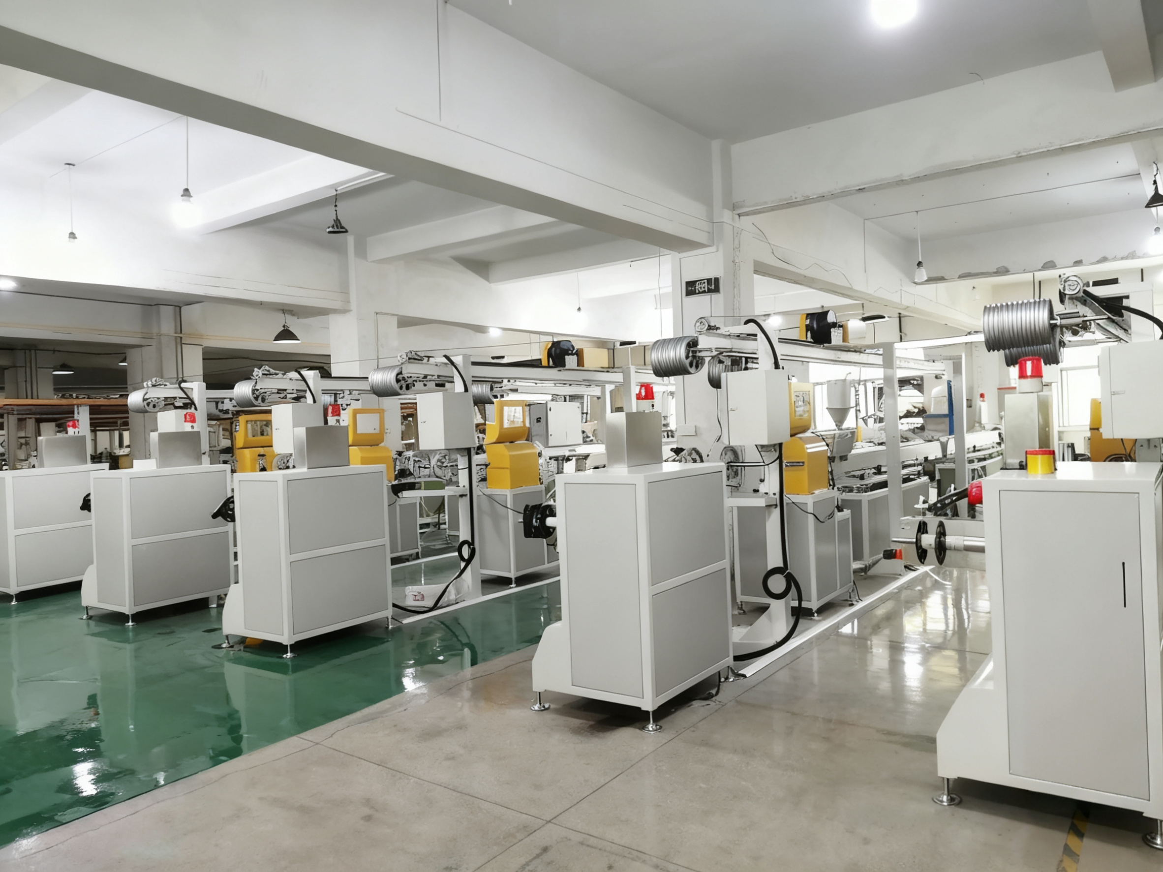 3D printing filament production line in factory with extrusion and winding machines