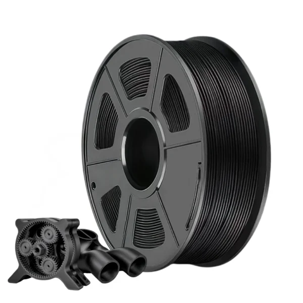 ASA-CF carbon fiber reinforced ASA filament black spool with printed engineering mechanical component