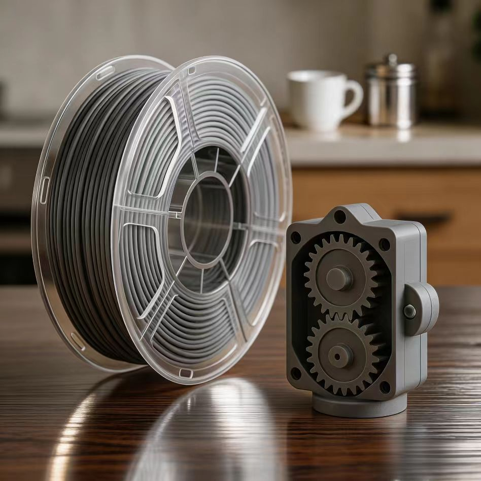 carbon fiber filament spool with 3D printed gearbox part printed with the material