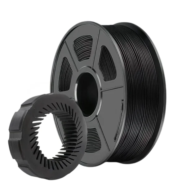 PA6-66-CF carbon fiber reinforced nylon filament black spool with printed engineering mechanical component