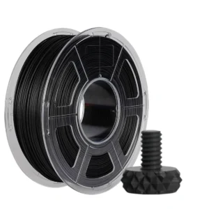 PET-CF carbon fiber reinforced PET 3D printer filament black spool with printed engineering component model