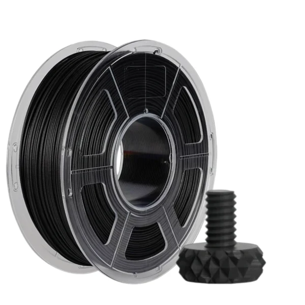 PET-CF carbon fiber reinforced PET 3D printer filament black spool with printed engineering component model