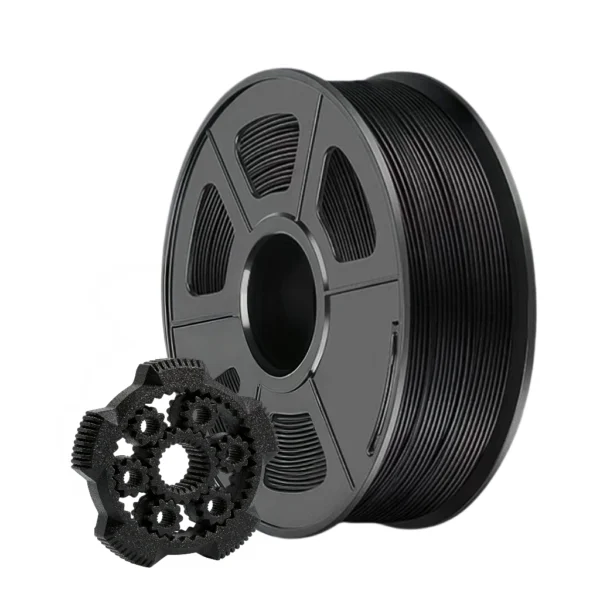 PETG-GF glass fiber reinforced PETG filament black spool with printed entertainment model