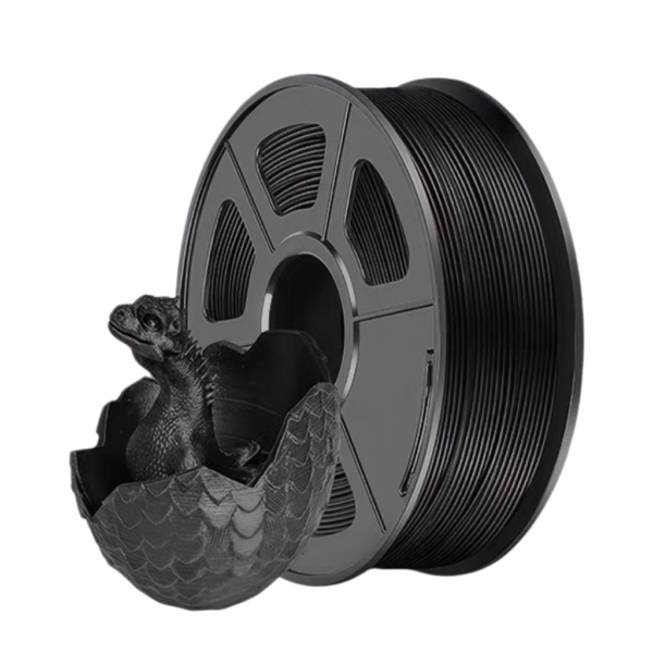 PLA-CF carbon fiber reinforced PLA filament black spool with printed dragon egg model