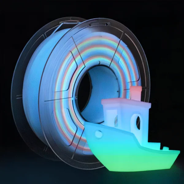glow in the dark PLA filament colorful spool with printed benchy boat model