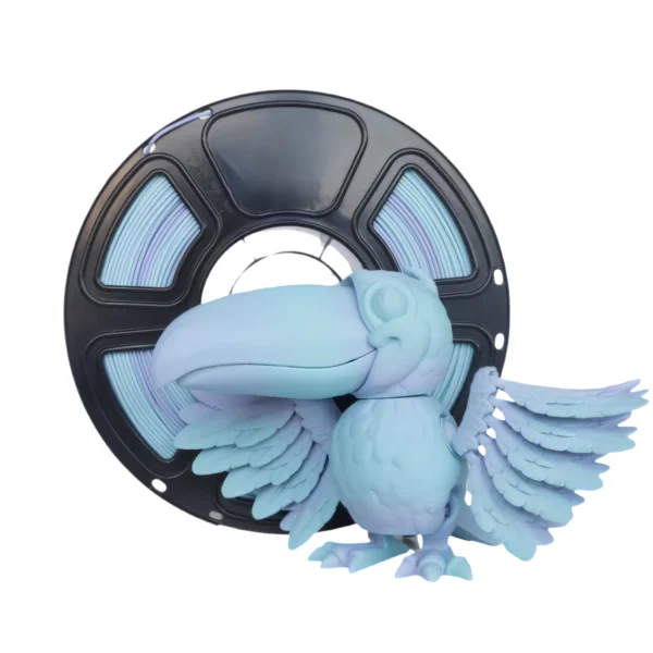 rainbow four season PLA filament spool with printed toucan bird model