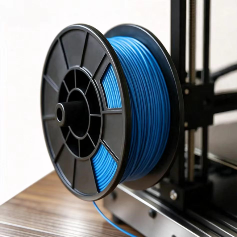 Industrial PLA+ filament spool loaded on 3D printer, high performance enhanced PLA material for B2B manufacturing