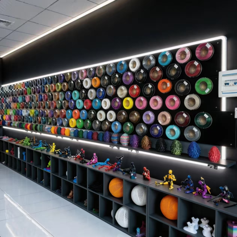 Full assortment of 3D printing filament spools in wholesale supplier showroom for European B2B buyers 2026