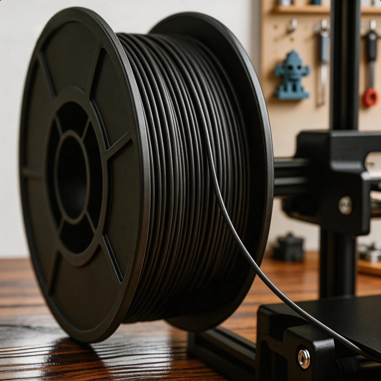 Black industrial 3D printing filament spool loaded on an FDM 3D printer, standard thermoplastic material for ABS and ASA industrial applications