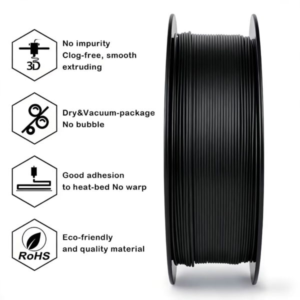 black-3d-printer-filament-features-main.webp Black Basic PLA Filament 1.75mm 1kg – Professional Matte 3D Printing Material | OEM/ODM Bulk Supply