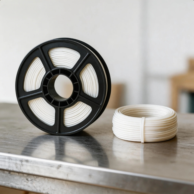 Glass fiber filament (GF series) for industrial 3D printing shown on spool and coiled material, high-strength composite filament