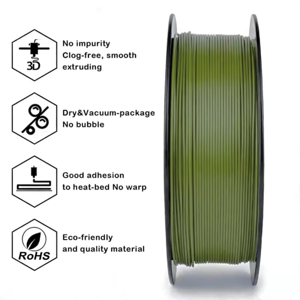 olive-green-3d-printer-filament-features-main.webp Olive Green Basic PLA Filament 1.75mm 1kg – Consistent Color & Reliable Extrusion for FDM 3D Printing (Bulk & OEM/ODM)