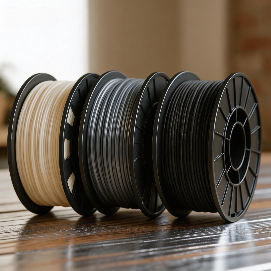 PETG and PLA 3D printing filament spools for material comparison and PETG filament guide