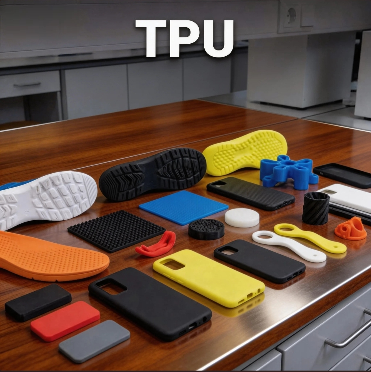 TPU 95A filament flexible 3D printed parts including phone cases, shoe soles and industrial components for manufacturing applications